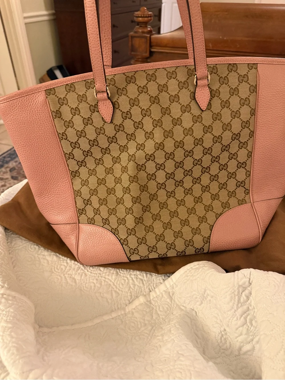 Gucci Bree GG Canvas Tote with Pink Leather Trim